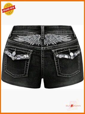 Y2K Rhinestone Denim Shorts Low Rise Skinny Mini Jean Shorts Rave